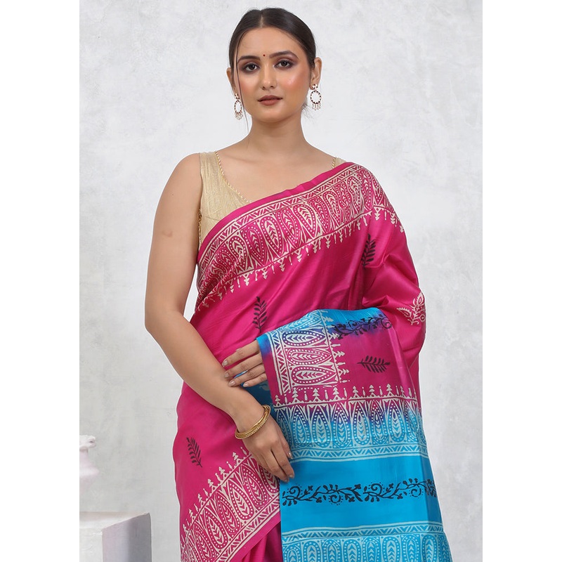 Pink Printed Pure Silk Saree Without Blouse Piece - JD986579506