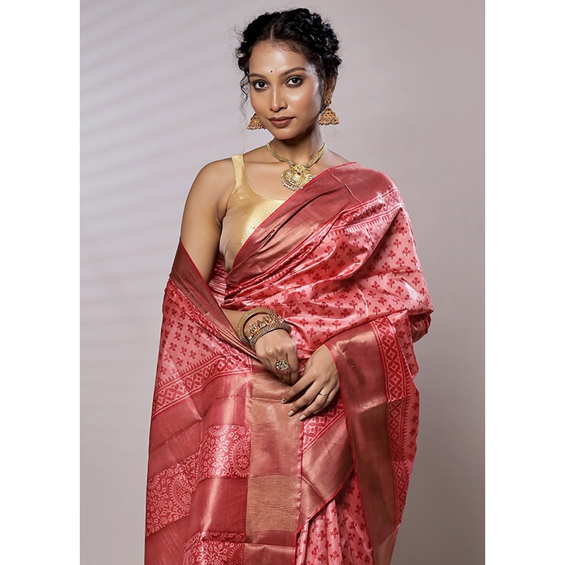 Pink Tussar Pure Silk Saree With Blouse Piece - JD986579446