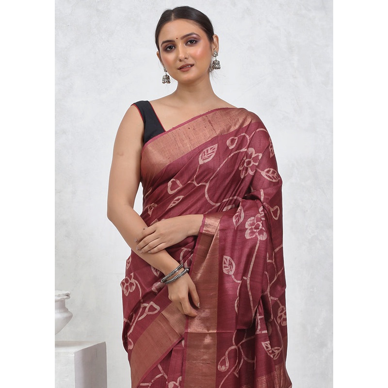 Pink Tussar Pure Silk Saree With Blouse Piece - JD986579503