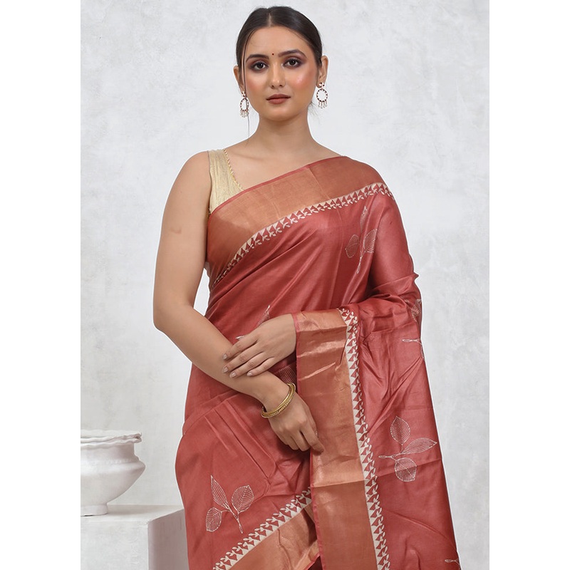 Pink Tussar Pure Silk Saree With Blouse Piece - JD986579504