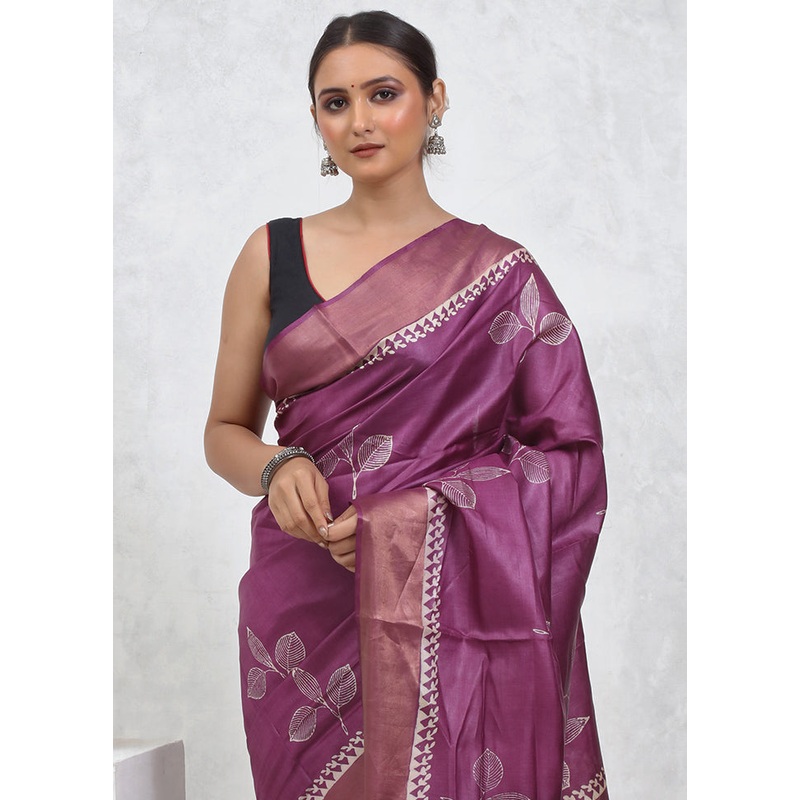 Pink Tussar Pure Silk Saree With Blouse Piece - JD986579505