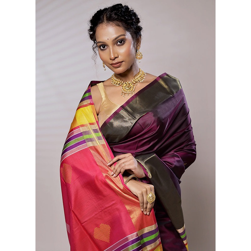 Purple Kalakshetra Kanjivaram Silk Saree With Blouse Piece - JD986579445