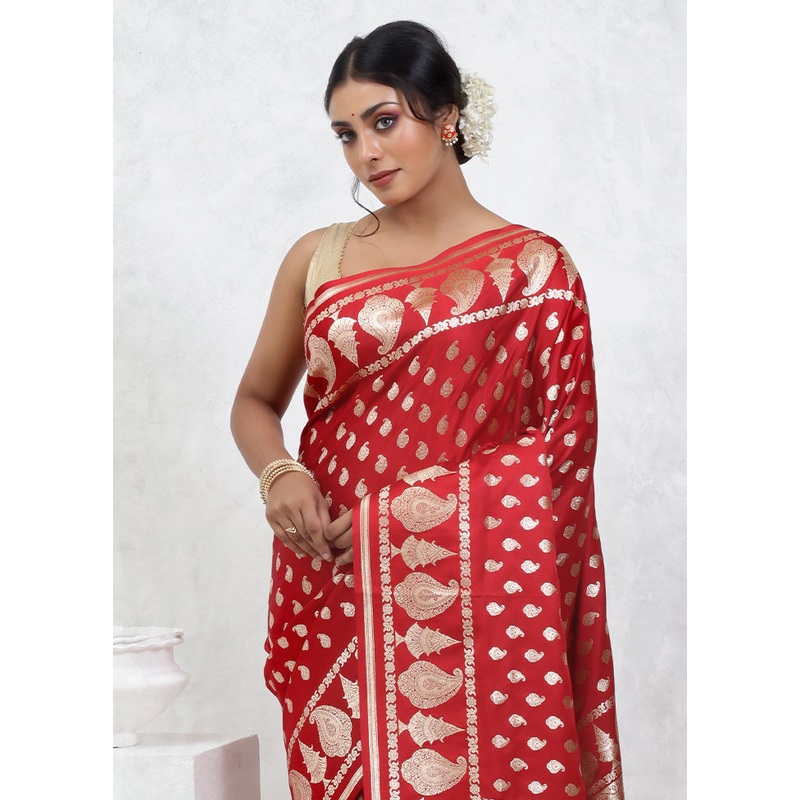Red Banarasi Silk Saree With Blouse Piece - JD986579497