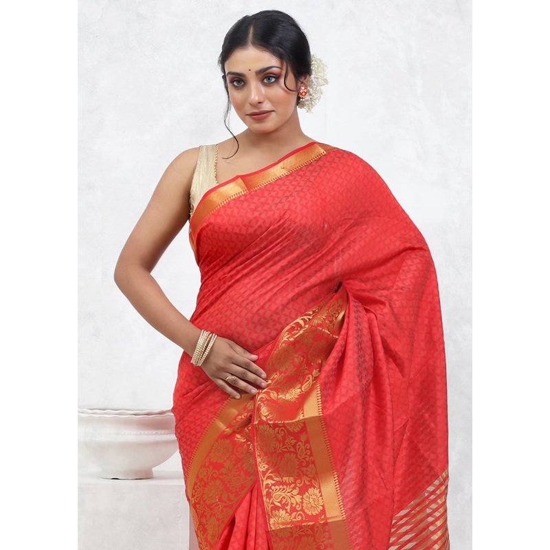 Red Dupion Silk Saree With Blouse Piece - JD986579521