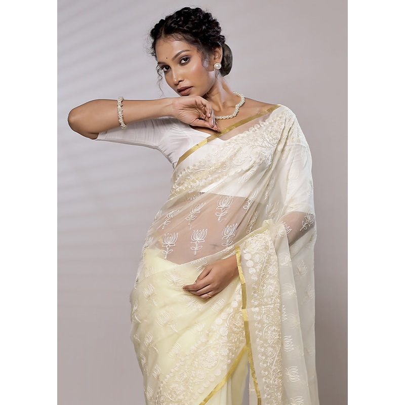 White Organza Saree With Blouse Piece - JD986579441