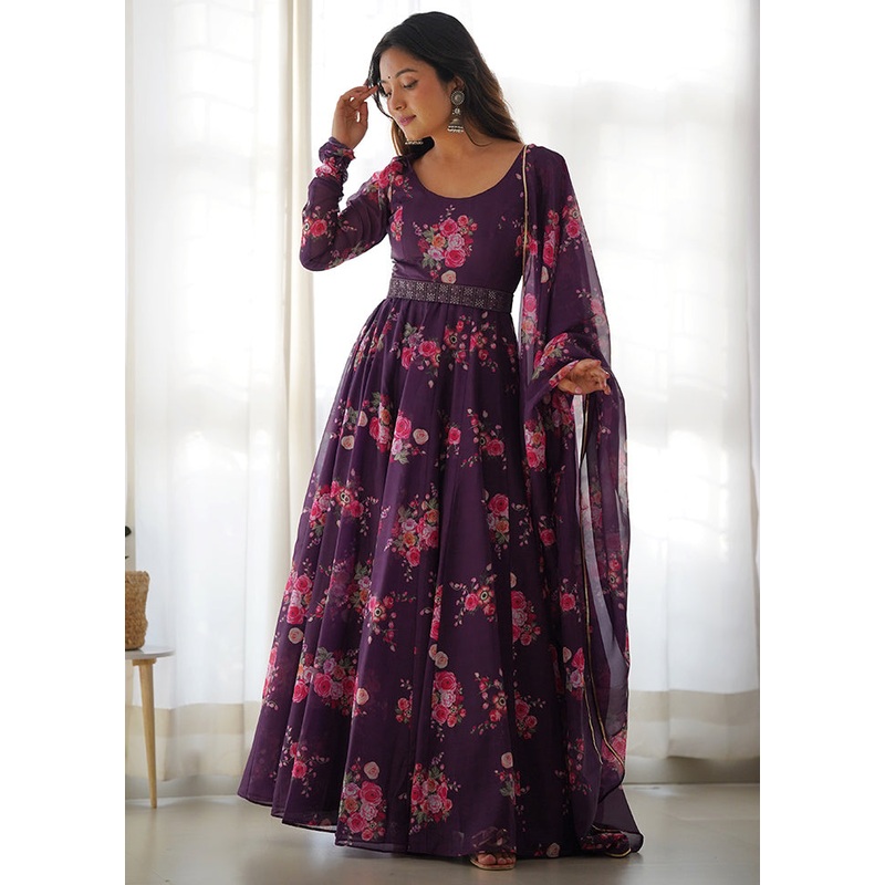 Wine Readymade Pure Net Anarkali Gown - JD986579359