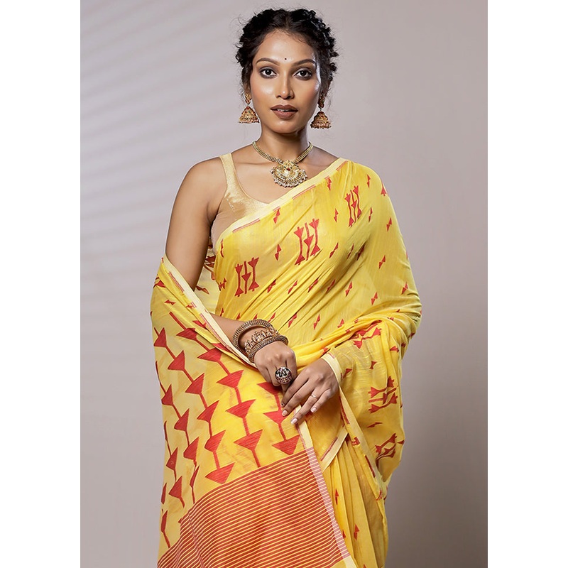 Yellow Cotton Saree With Blouse Piece - JD986579442
