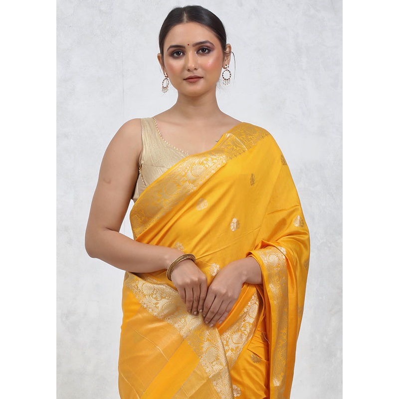 Yellow Cotton Saree With Blouse Piece - JD986579492