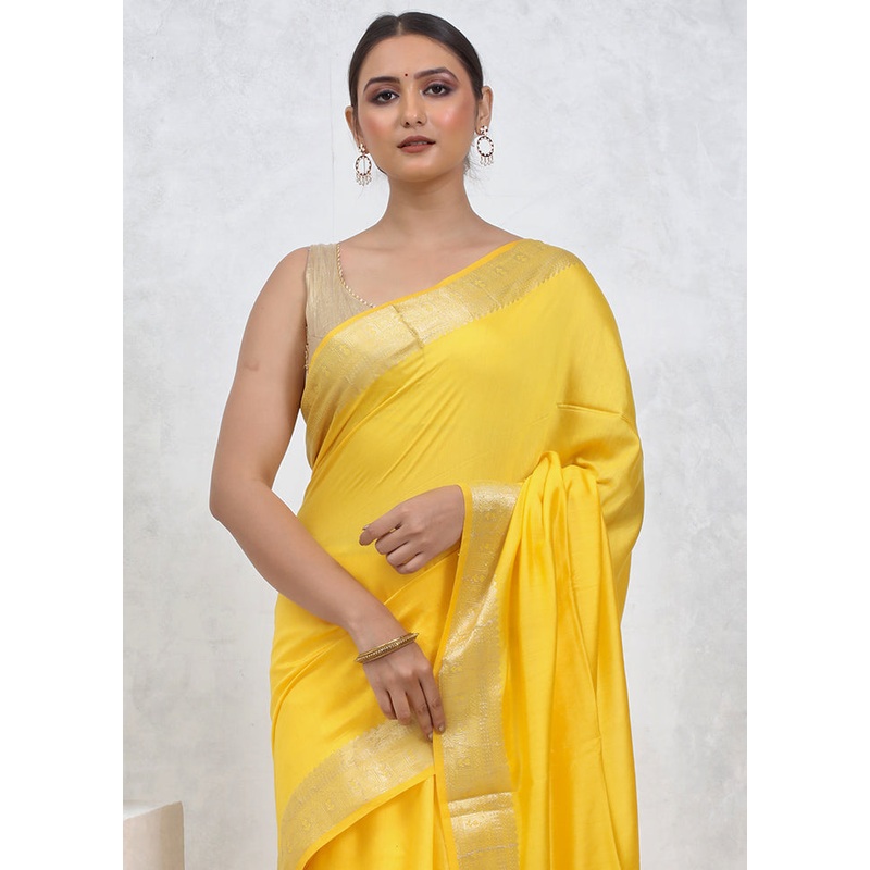 Yellow Cotton Saree With Blouse Piece - JD986579493
