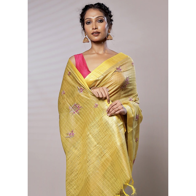 Yellow Dupion Silk Saree With Blouse Piece - JD986579443