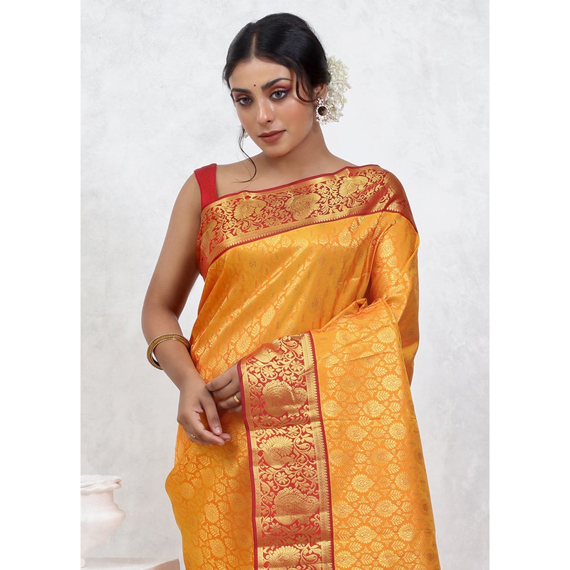 Yellow Kanchipuram Pure Silk Saree With Blouse Piece - JD986579489