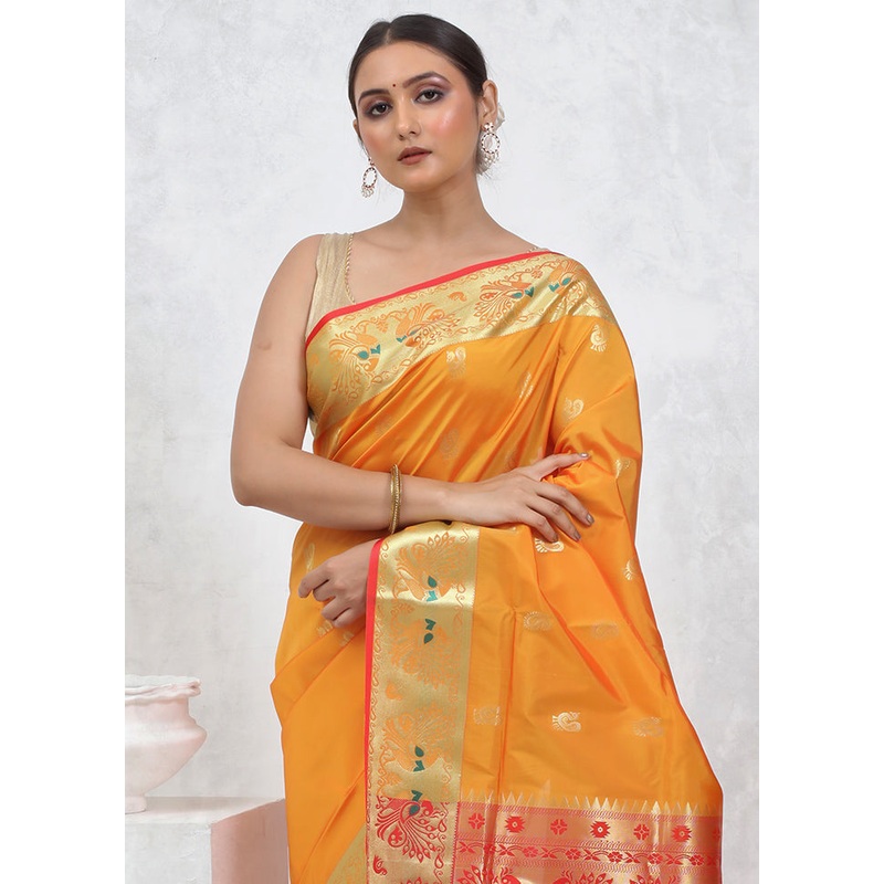 Yellow Kanjivaram Silk Saree With Blouse Piece - JD986579487