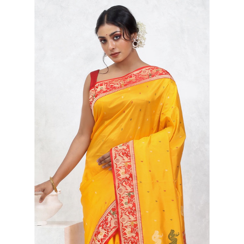 Yellow Katan Pure Silk Saree With Blouse Piece - JD986579486