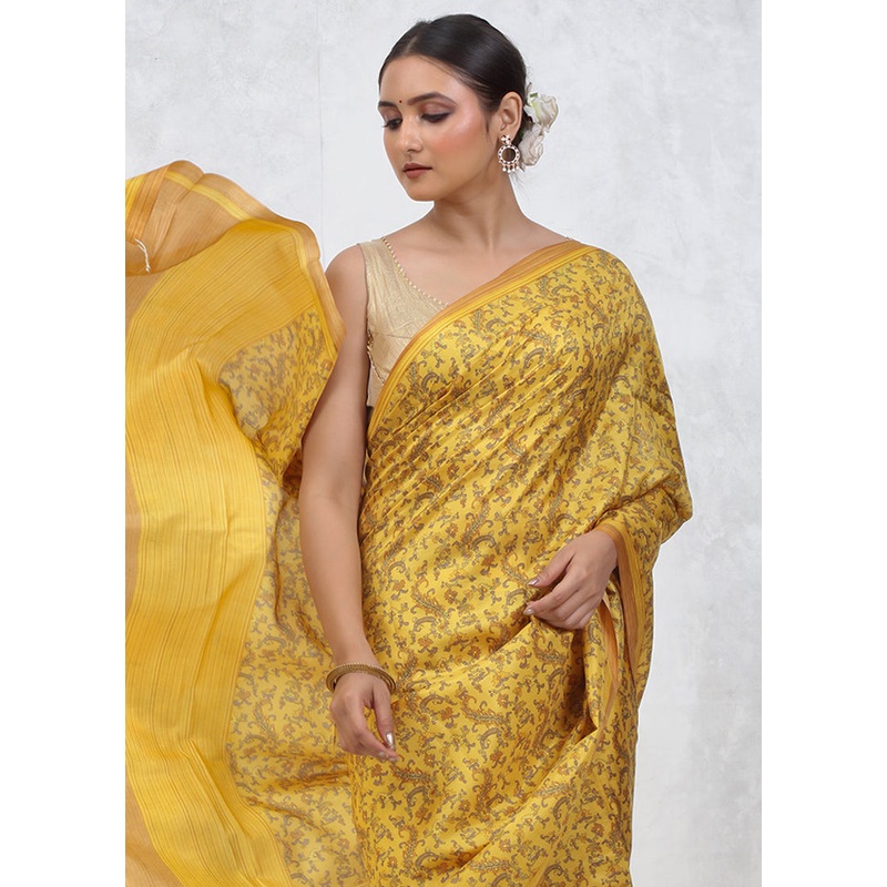 Yellow Printed Pure Silk Saree Without Blouse Piece - JD986579483