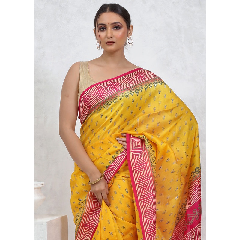 Yellow Printed Pure Silk Saree Without Blouse Piece - JD986579484