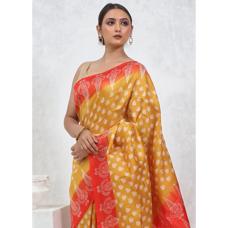 Yellow Printed Pure Silk Saree Without Blouse Piece - JD986579485