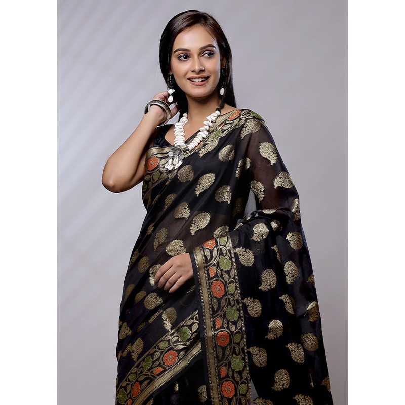 Black Cotton Saree With Blouse Piece - JD986579150