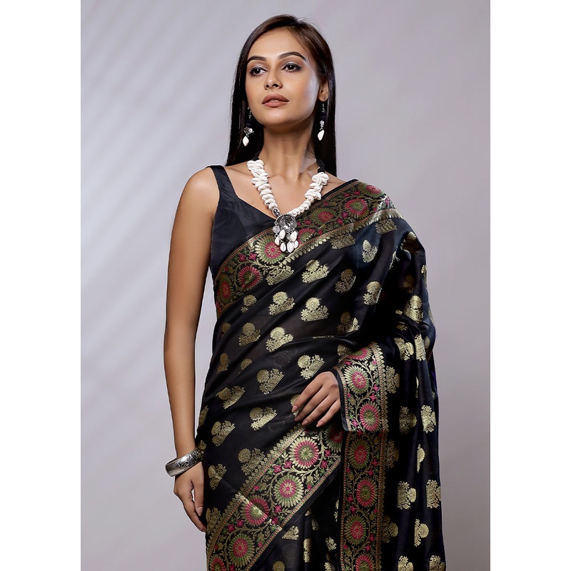 Black Cotton Saree With Blouse Piece - JD986579151