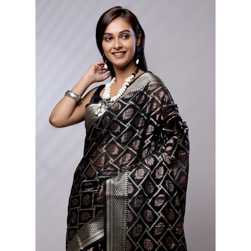 Black Cotton Saree With Blouse Piece - JD986579152