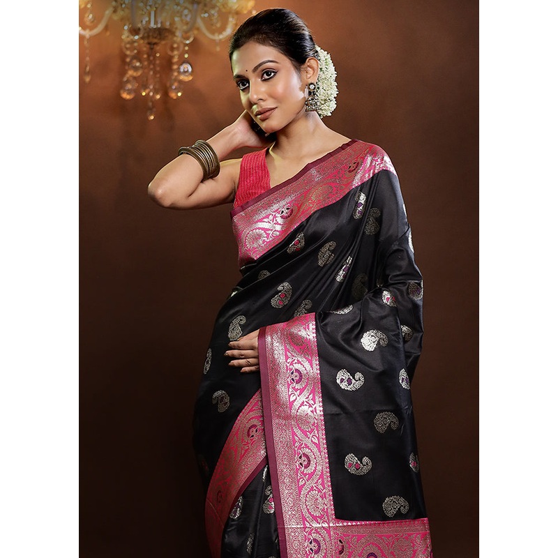 Black Dupion Silk Saree With Blouse Piece - JD986579250