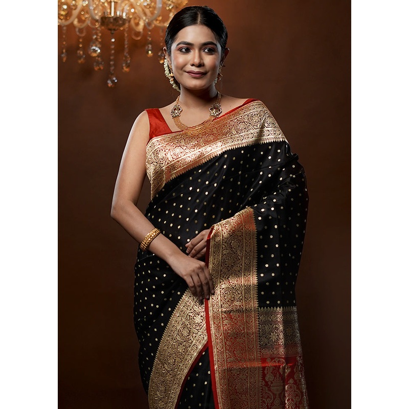 Black Handloom Banarasi Pure Silk Saree With Blouse Piece - JD986579289