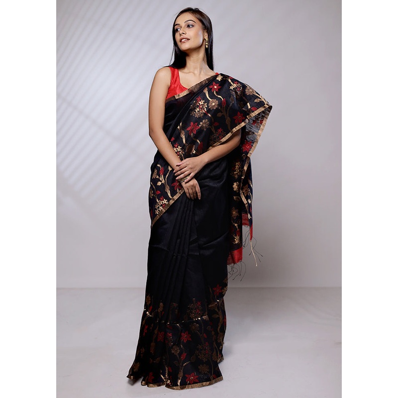 Black Handloom Matka Pure Silk Saree With Blouse Piece - JD986579149
