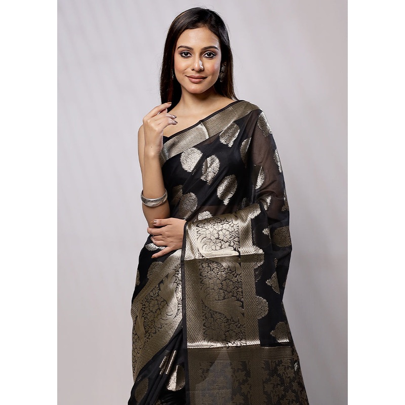Black Kora Silk Saree With Blouse Piece - JD986579249