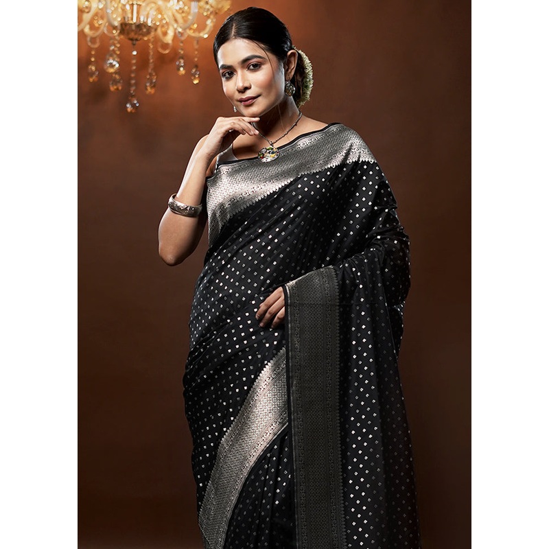 Black Uppada Silk Saree With Blouse Piece - JD986579288