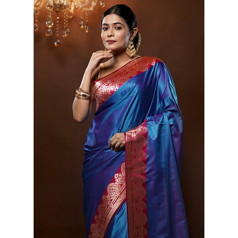 Blue Banarasi Silk Saree With Blouse Piece - JD986579287