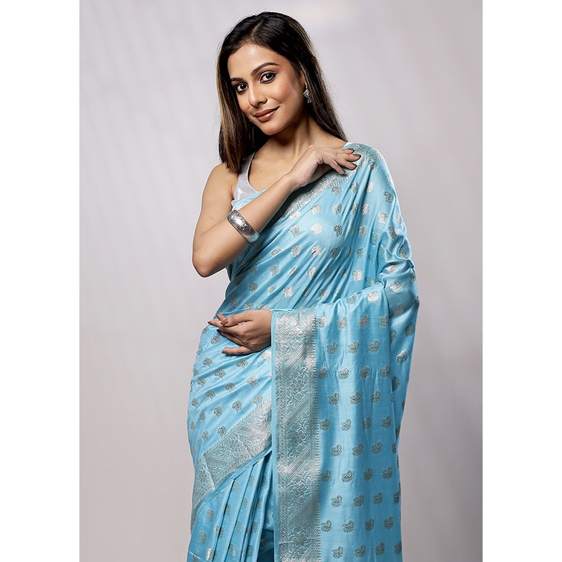 Blue Cotton Saree With Blouse Piece - JD986579248