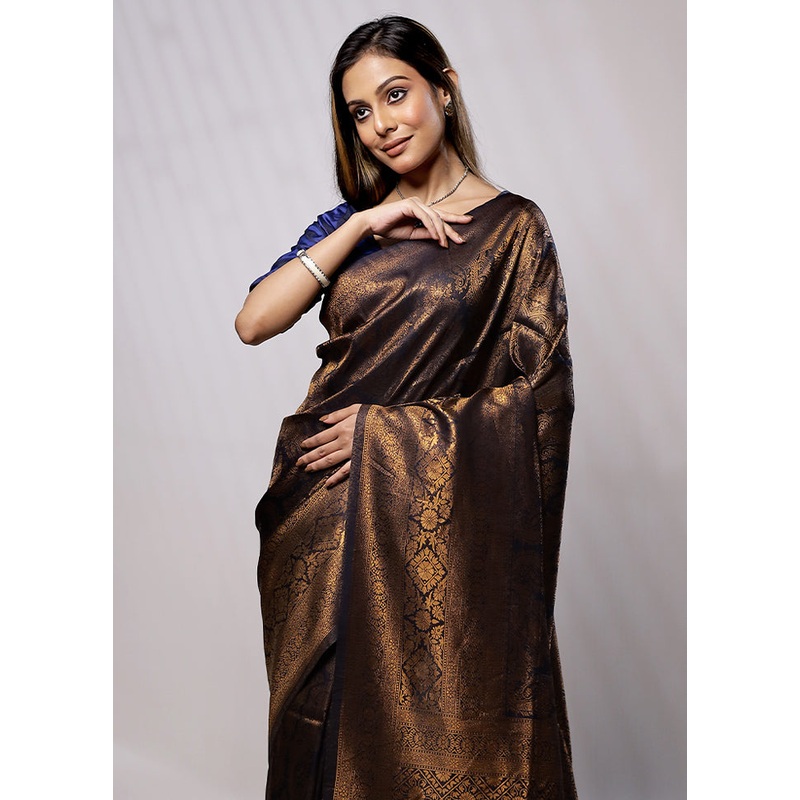 Blue Dupion Silk Saree With Blouse Piece - JD986579243