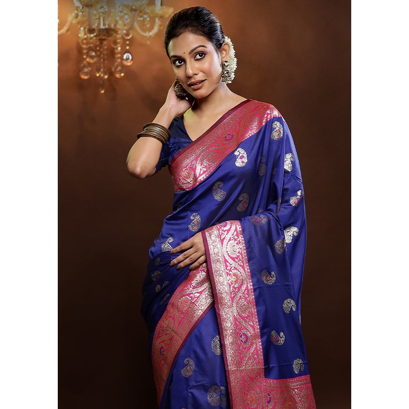 Blue Dupion Silk Saree With Blouse Piece - JD986579244