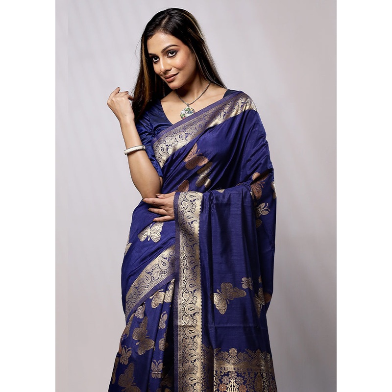 Blue Dupion Silk Saree With Blouse Piece - JD986579245