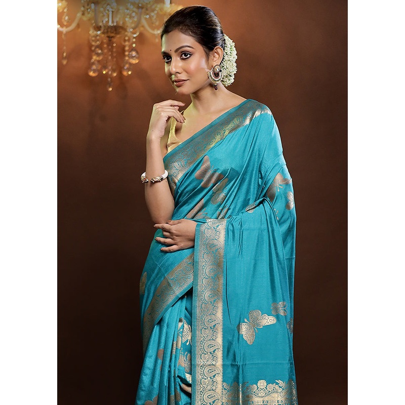 Blue Dupion Silk Saree With Blouse Piece - JD986579246