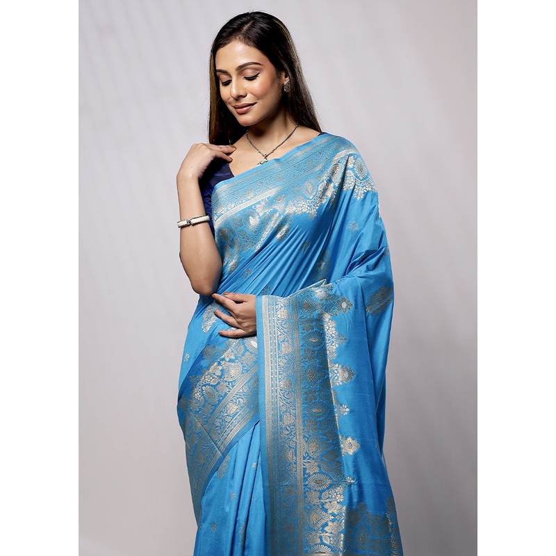 Blue Dupion Silk Saree With Blouse Piece - JD986579247