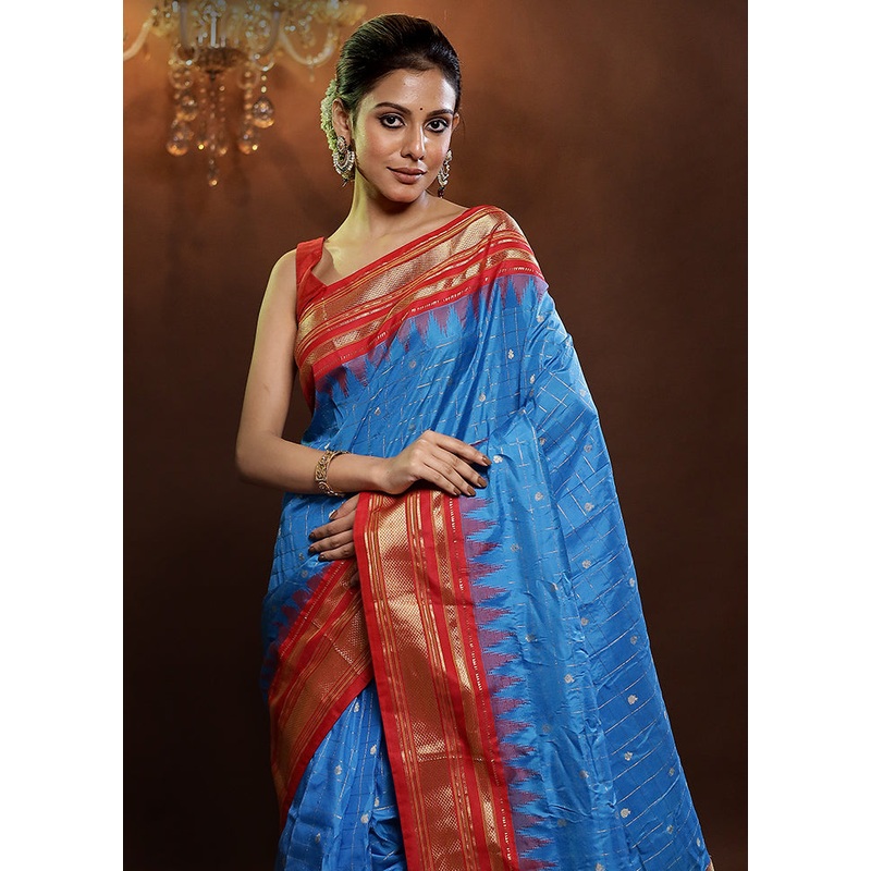 Blue Gadwal Pure Silk Saree Without Blouse Piece - JD986579242