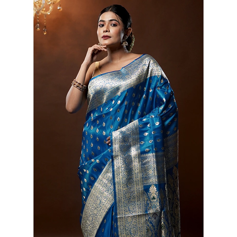 Blue Handloom Banarasi Pure Silk Saree With Blouse Piece - JD986579284