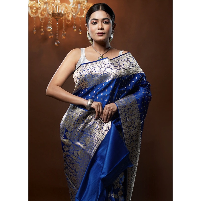 Blue Handloom Banarasi Pure Silk Saree With Blouse Piece - JD986579285