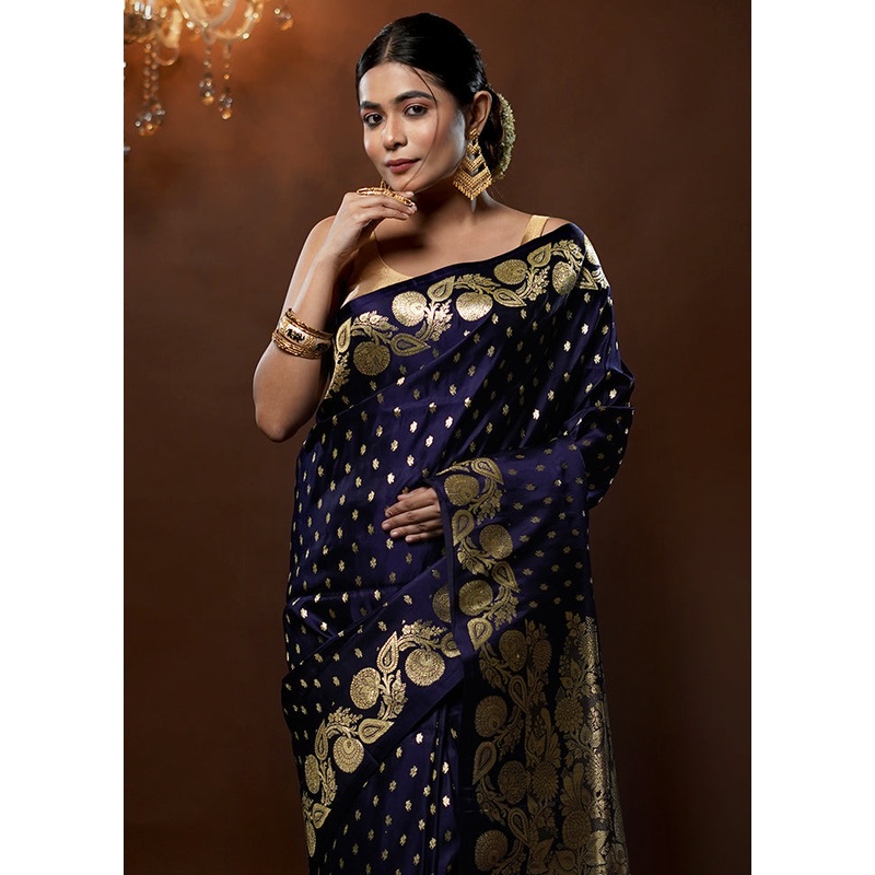 Blue Handloom Banarasi Pure Silk Saree With Blouse Piece - JD986579286