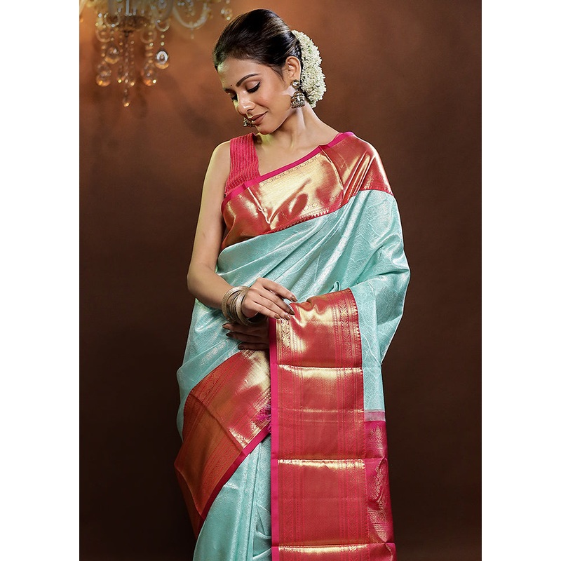 Blue Handloom Kanchipuram Pure Silk Saree With Blouse Piece - JD986579236