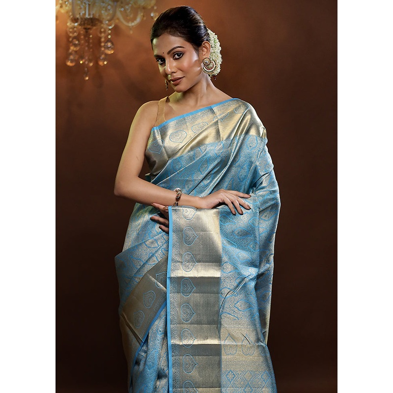 Blue Handloom Kanjivaram Pure Silk Saree With Blouse Piece - JD986579235