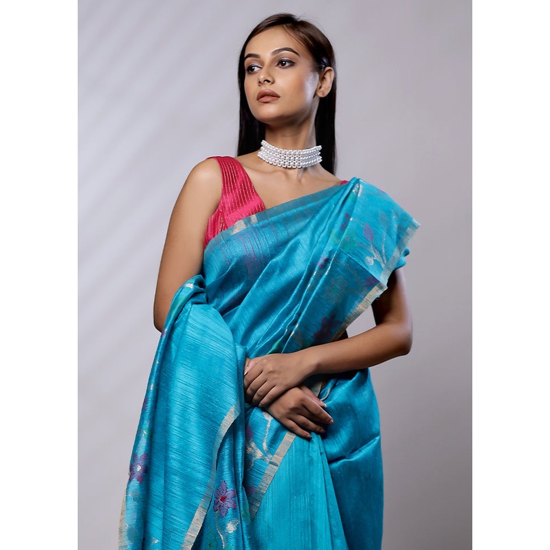 Blue Handloom Matka Pure Silk Saree With Blouse Piece - JD986579144