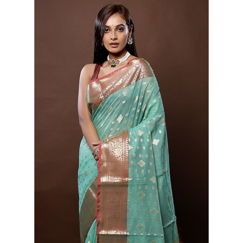 Blue Kora Silk Saree With Blouse Piece - JD986579336