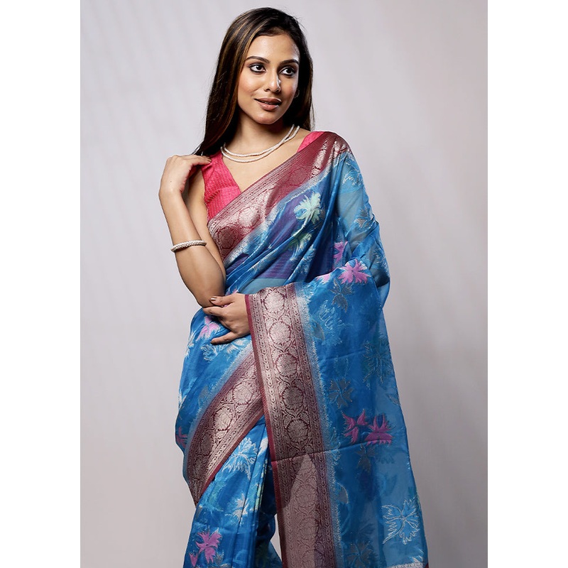 Blue Organza Saree With Blouse Piece - JD986579233
