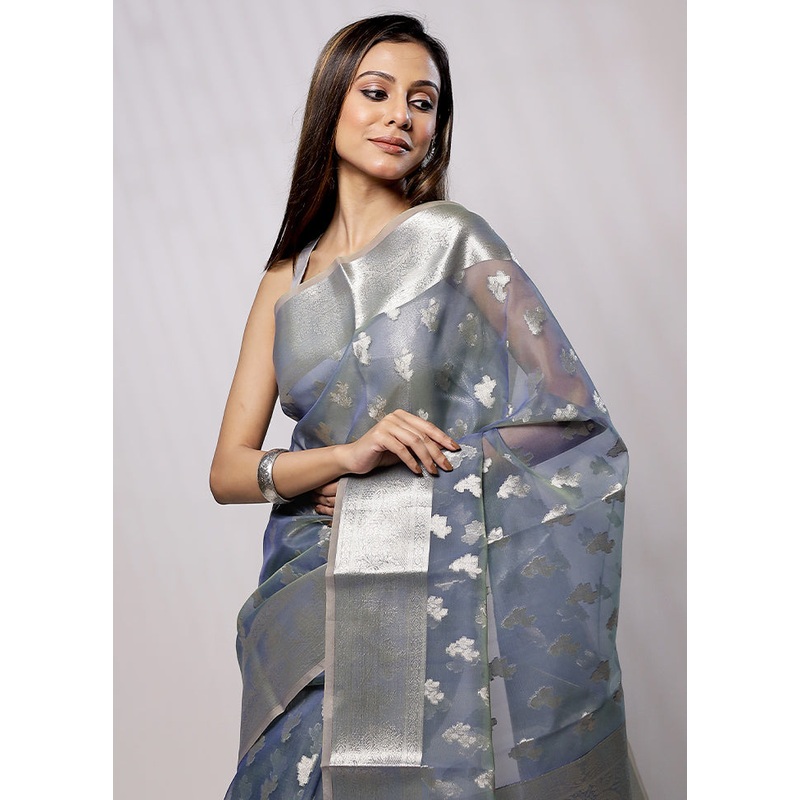 Blue Organza Saree With Blouse Piece - JD986579234