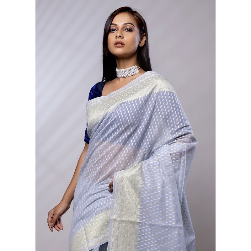 Blue Pure Cotton Saree With Blouse Piece - JD986579148
