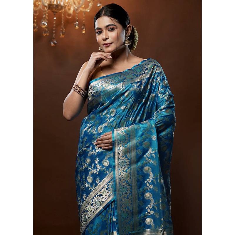 Blue Tanchoi Silk Saree With Blouse Piece - JD986579283