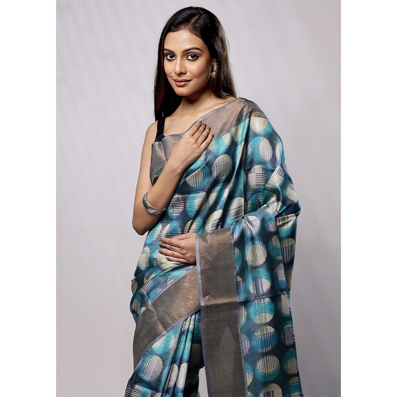 Blue Tussar Silk Saree With Blouse Piece - JD986579232