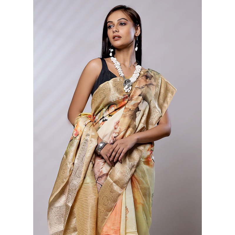 Cream Dupion Silk Saree With Blouse Piece - JD986579147