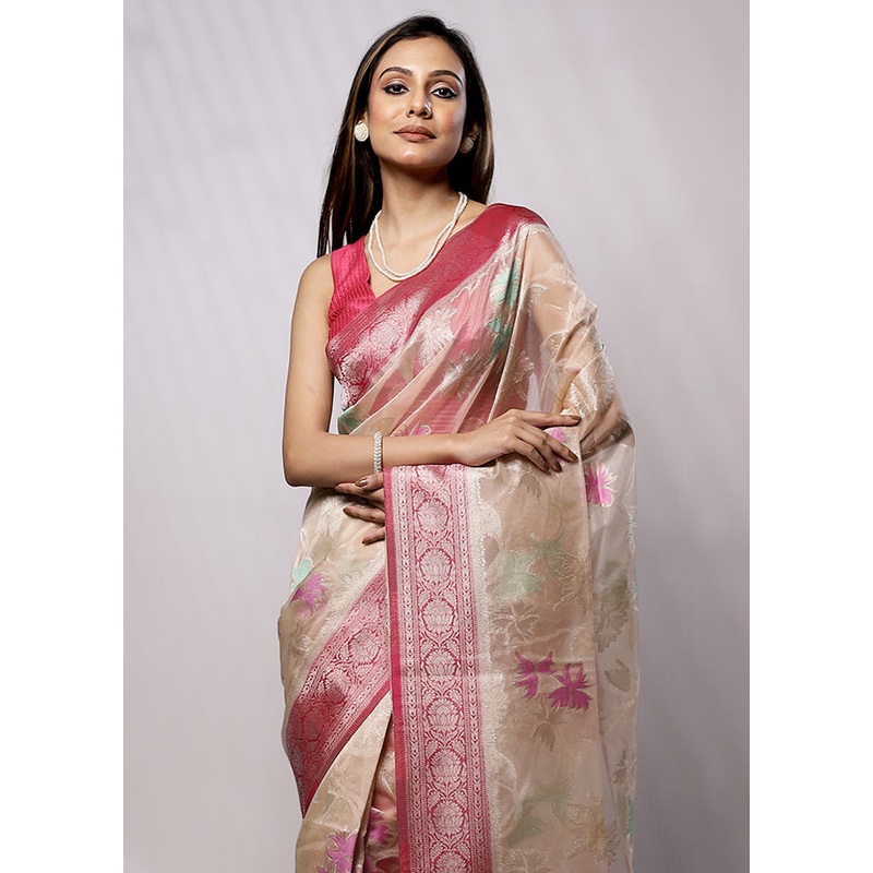 Cream Organza Saree With Blouse Piece - JD986579211